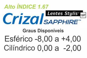 Lente Crizal Sapphire Stylis Alto Índice 1.67 Grau Esférico -8,00 a +4,00 Cilíndrico 0 a -2,00 fina