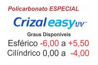 Lente Crizal Easy ESPECIAL em Policarbonato com Anti Reflexo - Grau Esférico -6,00 a +5,50 .:. Cilíndrico 0 a -4,00 .:. Todos os eixos