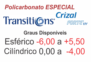 Lente Transitions Crizal Forte ESPECIAL em Policarbonato com Anti Reflexo - Grau Esférico -6,00 a +5,50 / Cilíndrico 0 a -4,00 .:. Todos os eixos