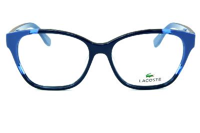 Óculos de grau Lacoste em acetato azul marinho e azul claro estilo gatinho para mulheres 