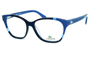 Armação de grau feminina colorida Lacoste em acetato azul marinho e claro quadrada estilo gatinho