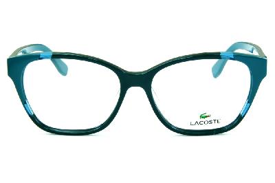 Óculos Lacoste L2737 acetato verde com verde água estilo gatinho e logo de metal na haste