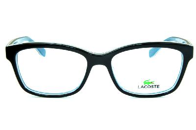 Óculos Lacoste L2745 Preto e azul com friso branco e logotipo jacaré dourado