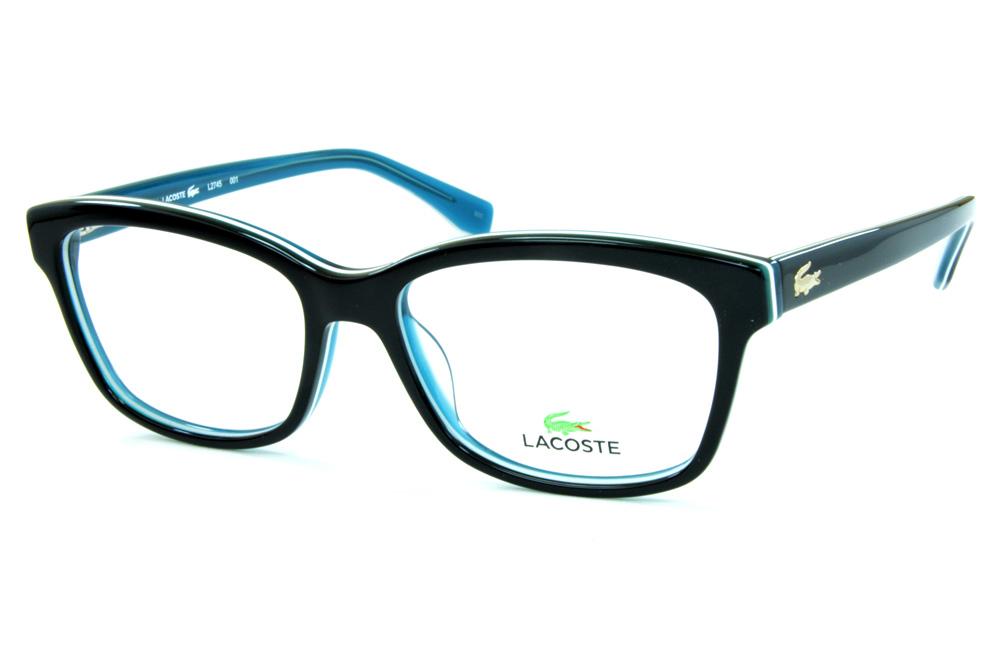 Óculos Lacoste L2745 acetato preto e azul friso branco logo dourado