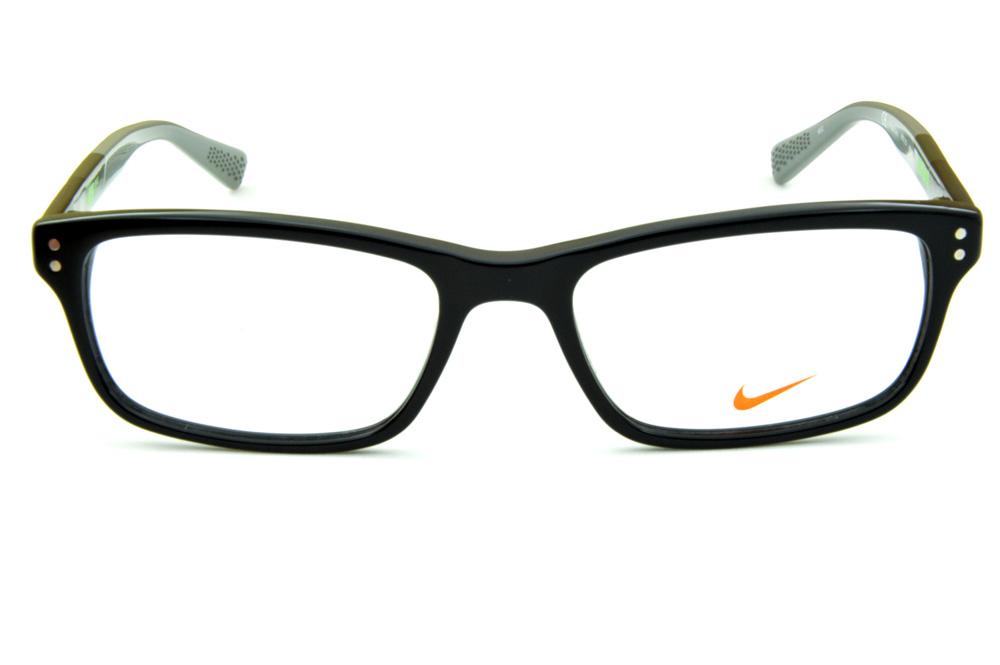 Armação de grau masculino quadrado óculos Nike preto haste cinza e logo verde fluorescente esportivo