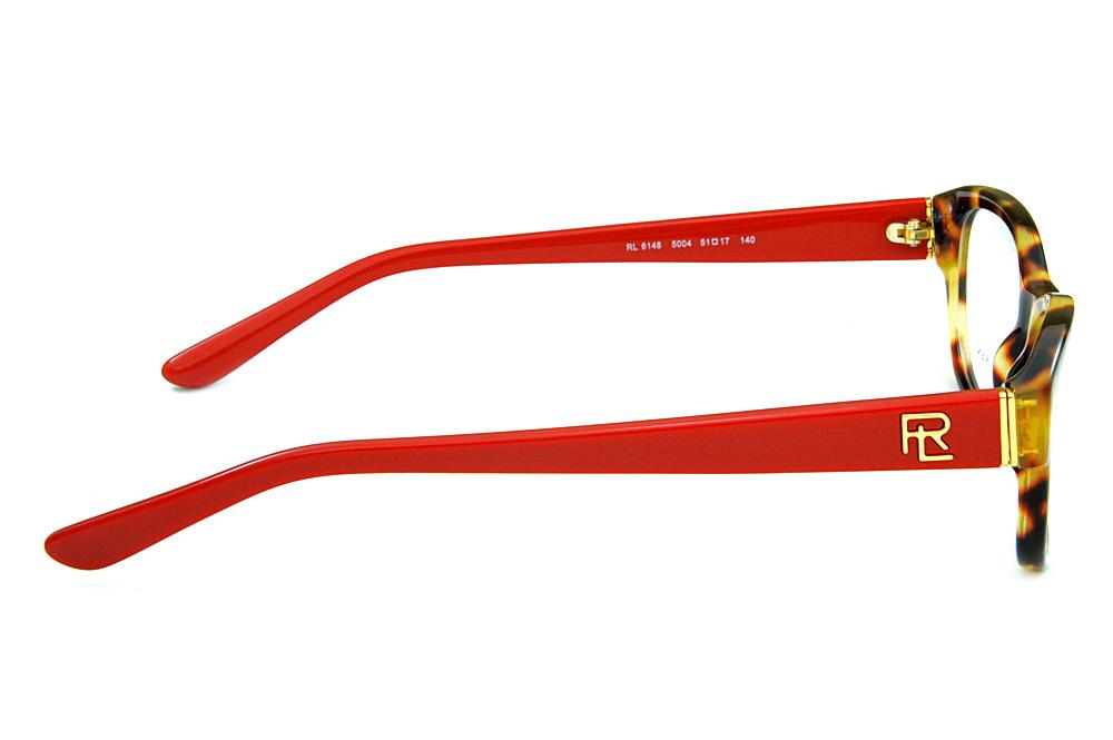 Óculos Ralph Lauren RL 6148 Acetato demi tartaruga com hastes vermelhas e detalhes dourado