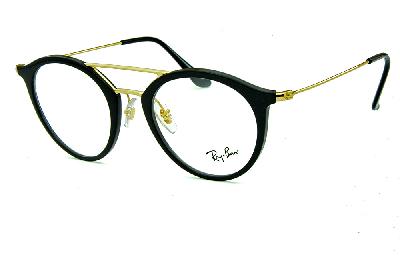 Óculos de grau Ray-Ban em acetato preto com ponte e hastes em metal dourado