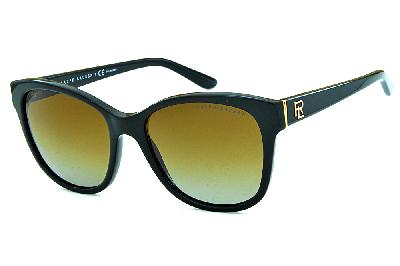 Óculos de Sol feminino Ralph Lauren em acetato preto formato redondo gatinho lente polarizada degradê e logotipo dourado