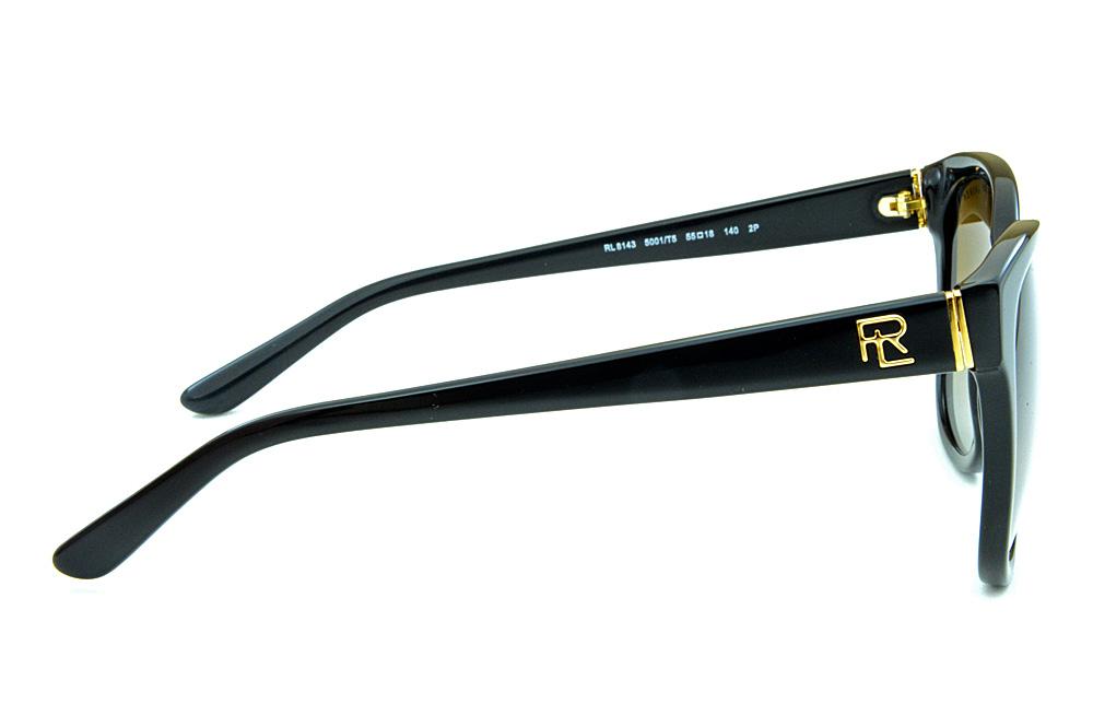 Óculos de Sol feminino Ralph Lauren em acetato preto formato redondo gatinho lente polarizada degradê e logotipo dourado