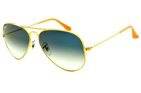 Óculos Ray-Ban Aviador RB 3025 dourado com lente azul degradê tamanho 58
