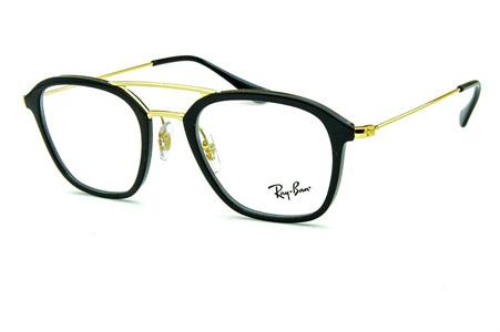 Armação de óculos de grau masculino feminino Ray-Ban acetato preto e metal dourado haste fina delicado