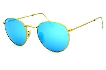 Óculos de sol Ray-Ban Round metal dourado com lente espelhada azul polarizada