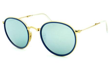 Óculos Ray-Ban Round RB 3517 metal dourado friso azul redondo com lente espelhada prata suave