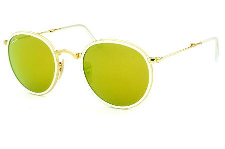 Óculos Ray-Ban Round RB 3517 metal dourado friso branco redondo com lente espelhada amarela