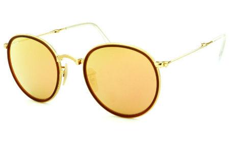 Óculos Ray-Ban Round RB 3517 metal dourado friso marrom redondo com lente espelhada rosê