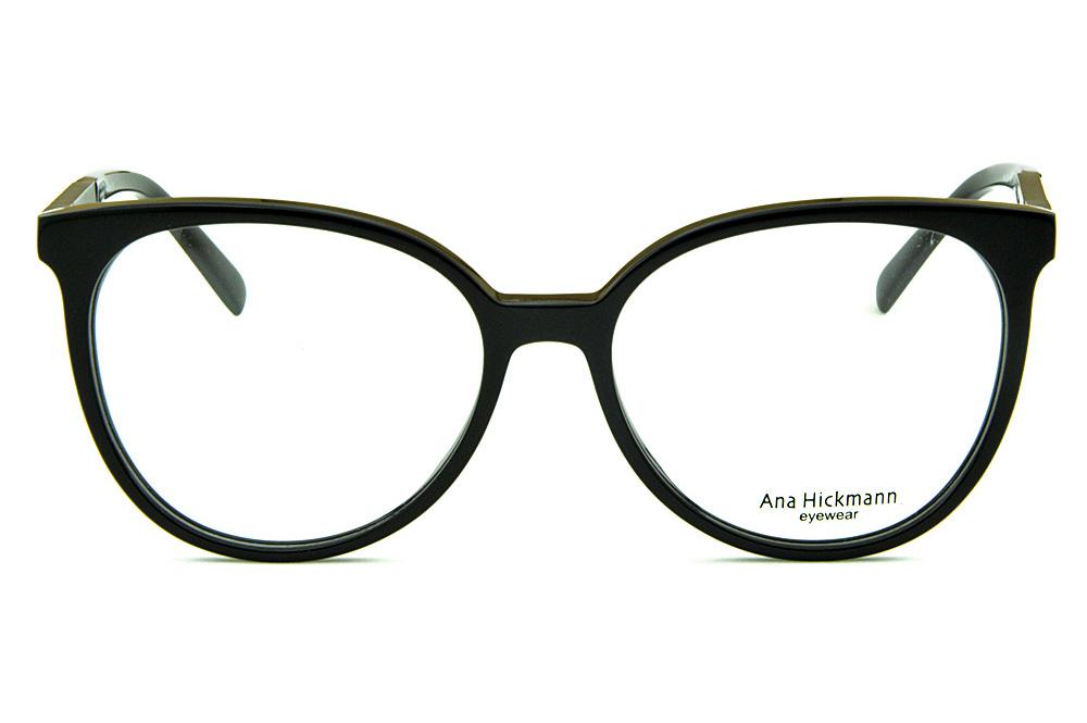 Óculos Ana Hickmann AH 6230 de grau acetato redondo preto e cinza haste giratória feminino