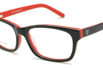 Armação de óculos de grau infantil quadrada Ilusion acetato preta e vermelha resistente para criança