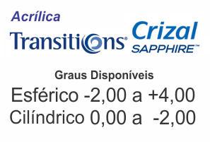 Lente Transitions Crizal Sapphire acrílica anti reflexo Grau Esférico -2,00 a +4,00 / Cil 0 a -2,00