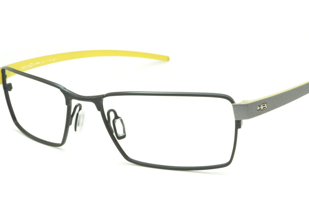 Óculos HB Black Metalic preto amarelo haste cinza masculino retangular