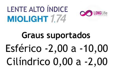 Lente Hoya Miolight Long Life 1.74 extra fina grau esférico miopia -2,00 a -10, cilíndrico 0 a -2,00