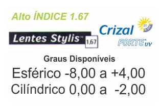 Lente Crizal FORTE Stylis Alto Índice 1.67 com anti reflexo .:. Grau Esférico -8,00 a +4,00 / Cilíndrico 0 a -2,00 .:. Todos os eixos