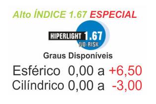Lente Hoya Hiperlight 1.67 alto índice ESPECIAL Grau alto Esférico 0 a +6,50 / Cilíndrico 0 a -3,00
