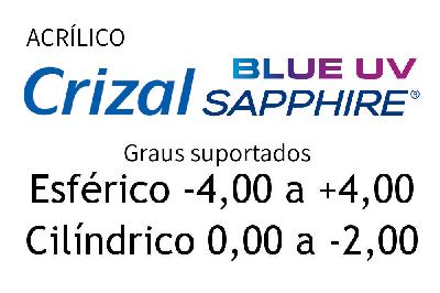 Lente Crizal Sapphire acrílica anti reflexo com proteção UV e Filtro Azul para grau baixo ou médio