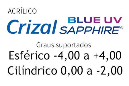 Lente Crizal Sapphire acrílica anti reflexo com proteção UV e Filtro Azul para grau baixo ou médio