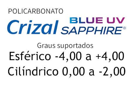 Lente Crizal Sapphire policarbonato anti reflexo com proteção UV e Filtro Azul para grau baixo ou médio