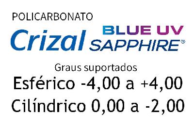 Lente Crizal Sapphire policarbonato anti reflexo com proteção UV e Filtro Azul para grau baixo ou médio