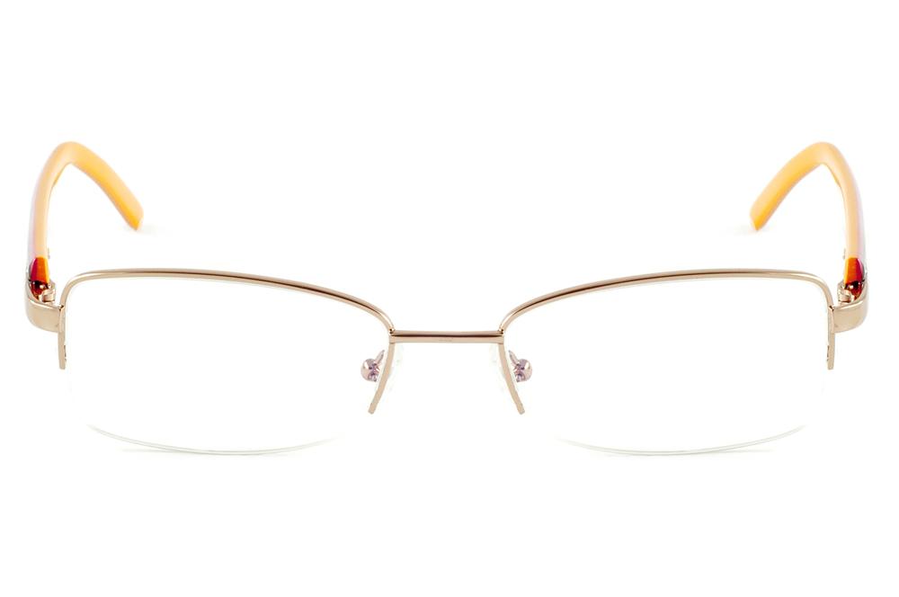 Armação de grau feminino óculos Ilusion dourado metálico fio de nylon haste marrom laranja e strass