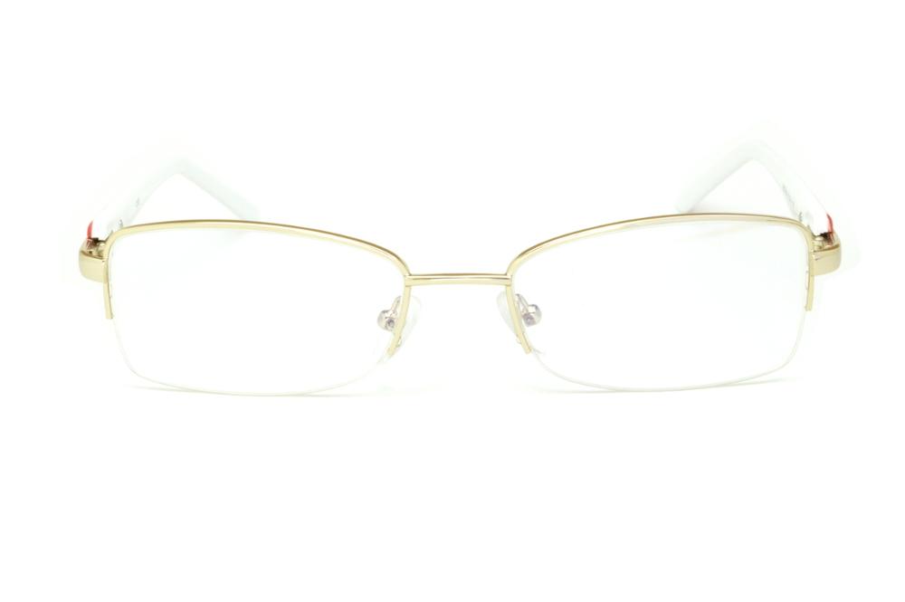 Óculos Ilusion dourado metálico em fio de nylon com haste vermelha e branca com strass cristal