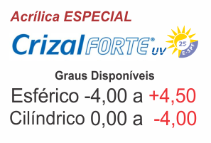 Lente Crizal Forte ESPECIAL Acrílica Grau Esférico -4,00 a +4,50 / Cilíndrico 0 a -4,00 .:. Todos os eixos