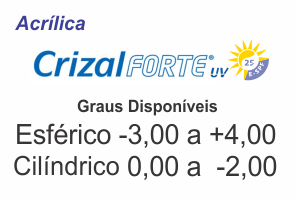 Lente Crizal Forte Acrílica com Anti Reflexo .:. Grau Esférico de -3,00 até +4,00 / Cilíndrico de 0 até -2,00 .:. Todos os eixos