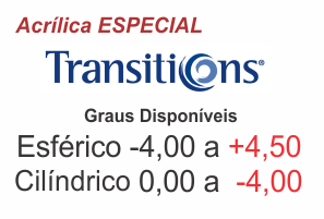 Lente Transitions ESPECIAL Acrílica com Anti Reflexo - Grau Esférico -4,00 a +4,50 / Cilíndrico 0 a -4,00 .:. Todos os eixos