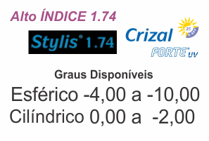 Lente Crizal FORTE Stylis Alto Índice 1.74 com anti reflexo .:. Grau Esférico -4,00 a -10 / Cilíndrico 0 a -2,00 .:. Todos os eixos