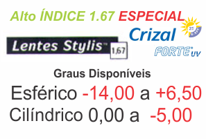 Lente Crizal Forte Stylis Alto Índice 1.67 ESPECIAL com anti reflexo .:. Grau Esférico -14,00 a +6,50 / Cilíndrico 0 a -5,00 .:. Todos os eixos