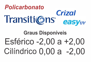 Lente Transitions Crizal Easy em Policarbonato com Anti Reflexo .:. Grau Esférico -2,00 a +2,00 / Cilíndrico 0 a -2,00 .:. Todos os eixos