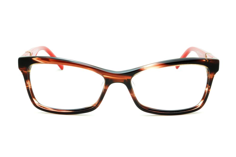 Óculos Ana Hickmann AH 6180 acetato marrom/caramelo mesclado com haste vermelha e logotipo dourado