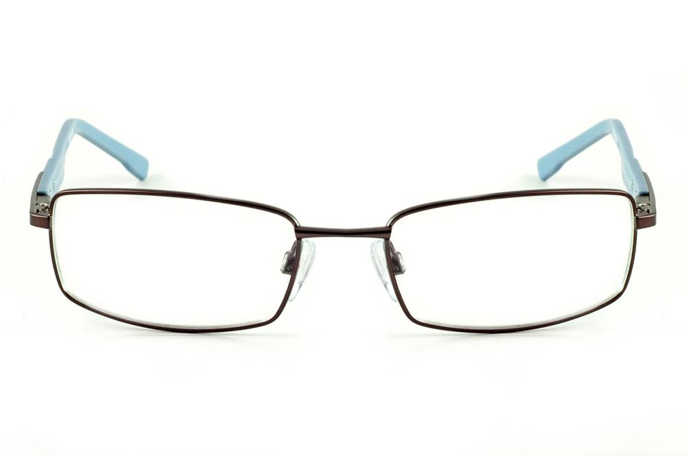 Armação de óculos de grau masculino retangular Atitude metal grafite haste azul claro