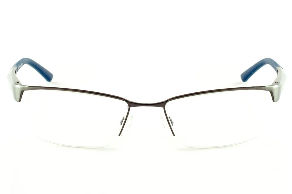Óculos Atitude metal silver com haste grafite/azul royal e detalhe vazado flexível de mola
