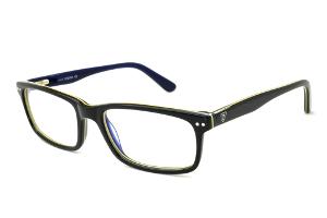 Óculos de grau Ilusion acetato preto e azul com friso amarelo para homens e mulheres