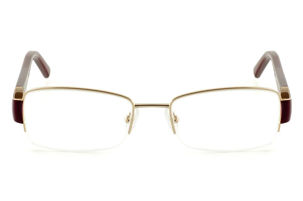 Óculos Ilusion dourado em fio de nylon com haste vinho bordô e mesclado com roxo e strass cristal