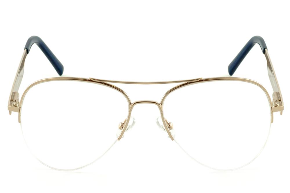 Armação de óculos de grau Ilusion modelo aviador dourado metálico com haste azul marinho