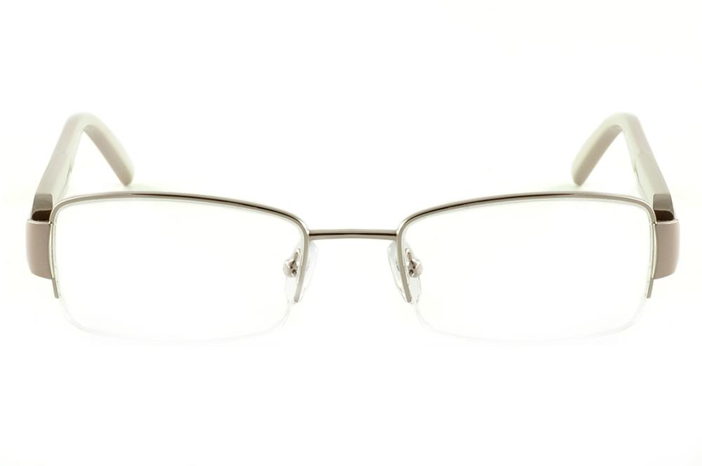 Armação de grau feminina Ilusion óculos prata fio de nylon e haste areia e cinza mesclado com strass