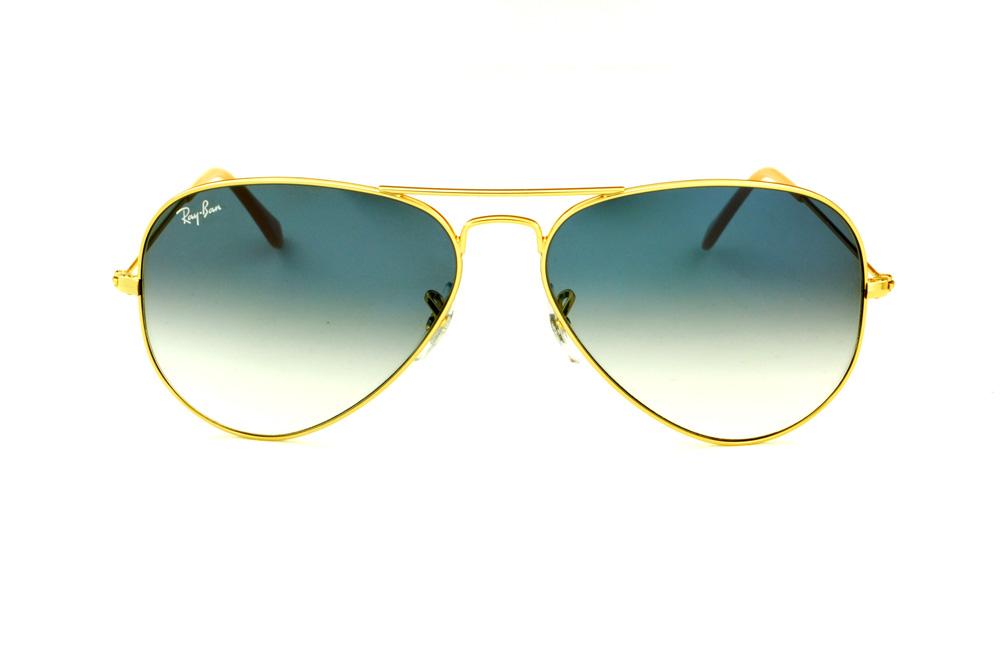 Óculos Ray-Ban Aviador RB 3025 dourado com lente azul degradê tamanho 58