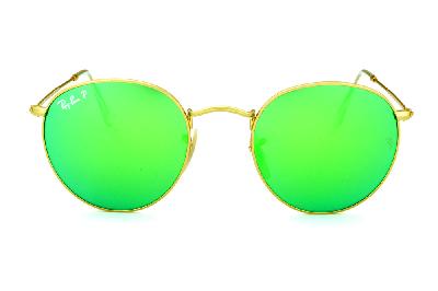 Óculos Ray-Ban Round RB 3447 POLARIZADO metal dourado redondo com lente espelhada verde