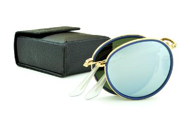 Óculos Ray-Ban Round RB 3517 metal dourado friso azul redondo com lente espelhada prata suave