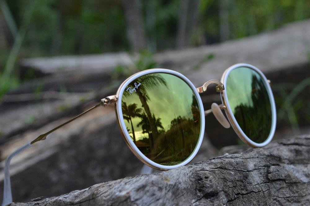 Óculos Ray-Ban Round RB3517 dourado friso branco e lente amarela