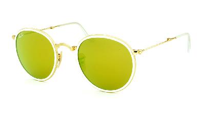 Óculos Ray-Ban Round RB 3517 metal dourado friso branco redondo com lente espelhada amarela